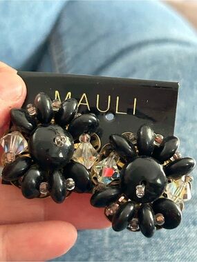 🔥$4 vintage 1980 Black Flower Crystal Clip-On Earrings